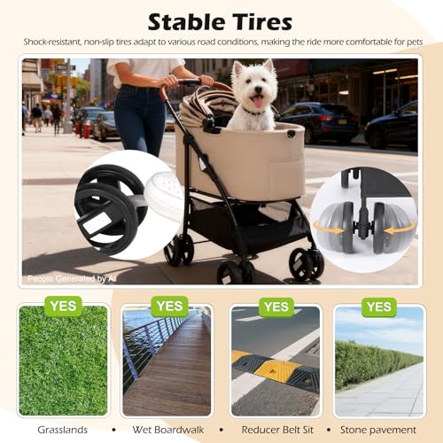 Pet Stroller for Small Dogs Cats Up to 45lbs with Detachable Canopy (Khaki)