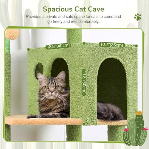 Cactus Cat Tree Tower with Scratching Post for Indoor Cats (Green / L)