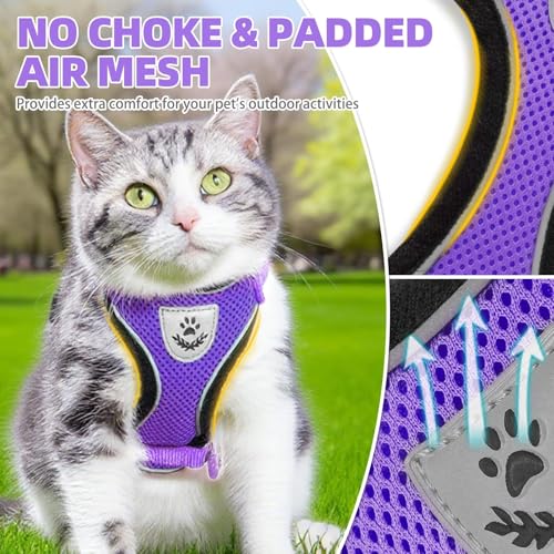 Cat Harness and Leash Set Escape Proof Reflective Cat Walking Harness Adjustable Soft Breathable Mesh Vest for Small Pets (L (NECK 14"-18", CHEST 18"-26.5") / Purple)