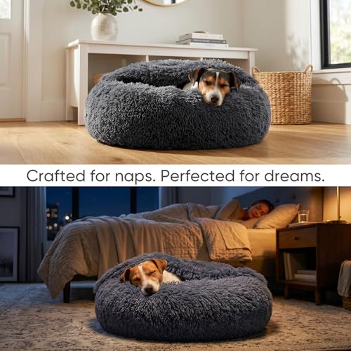 Covered Medium Dog Bed with Blanket Attached Calming Burrow Deep Grey (26.0"L x 26.0"W x 9.0"Th / Grey)