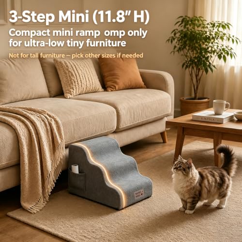 Mini 3 Step Dog Stairs for Small Dogs & Cats (Grey / (Mini) Round-11.3"H)