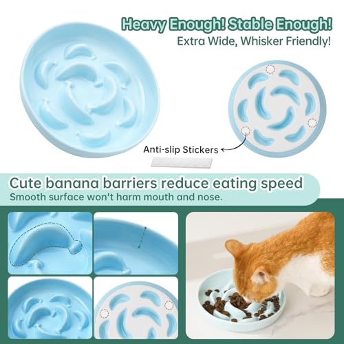 2 Pcs Ceramic Cat Slow Feeder Bowl Set (White and Blue)