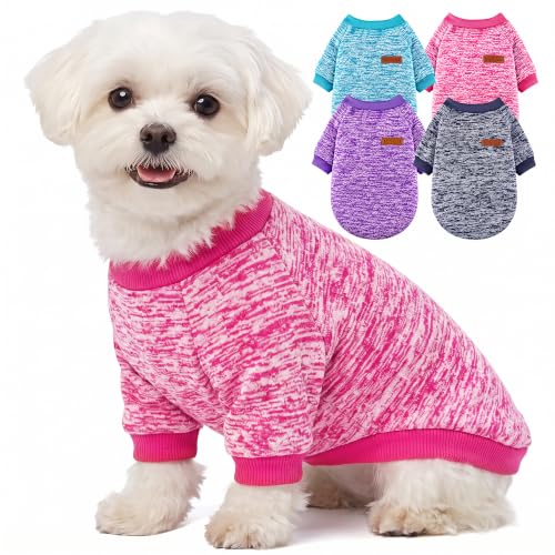 4 Pack Dog Sweaters for Small Dogs Girl Boy Winter Fleece Clothes Warm Soft Dog Sweatshirt Outfit for Dogs Cats Pet Apparel (Rose red+Bright Blue+Navy Blue+Purple / Medium)