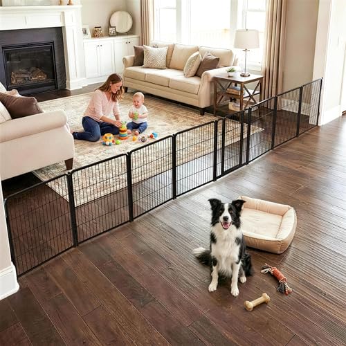 Dog Gate Extra Wide Adjustable for Openings Up to 219" (Black / Up to 219" W【7 Panels + 1 Door】 / 32"H)