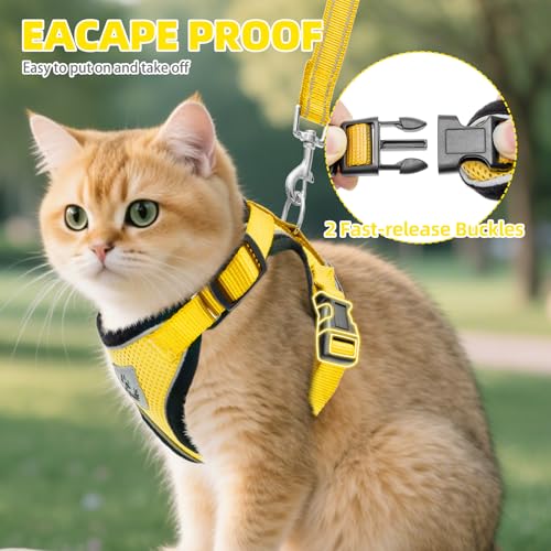 Cat Harness and Leash Set Escape Proof Reflective Cat Walking Harness Adjustable Soft Breathable Mesh Vest for Small Pets (M (NECK 11"-13.7", CHEST 16"-20") / Yellow)