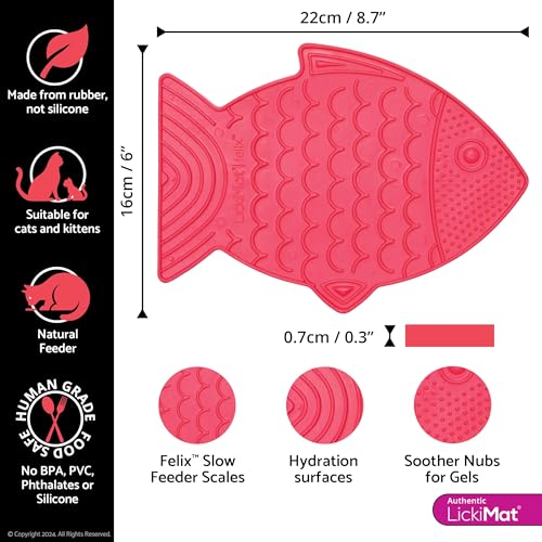 Felix, Fish-Shaped Cat Slow Feeders Lick Mat, Boredom Anxiety Reducer; Perfect for Food, Treats, Yogurt, or Peanut Butter. Fun Alternative to a Slow Feed Cat Bowl or Dish, Pink (Pink)