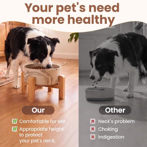 Elevated Ceramic Dog Bowl with Bamboo Stand (Marble Brown / 7.6Cup)