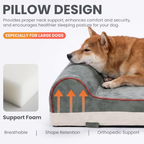 Orthopedic Memory Foam Extra Large Dog Bed with Pillow and Durable Water Proof Liner & Removable Washable Cover & Smart Design (Green / Green)