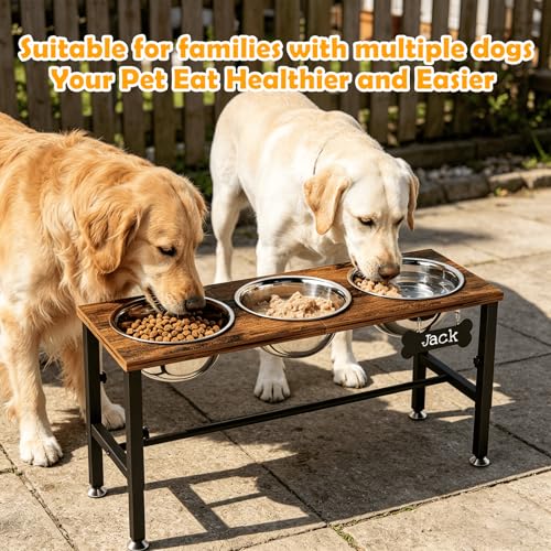 Triple Elevated Dog Bowls Stand for Multiple Dogs (Brown-L, 3 Bowls / Height:9-12.2inch)