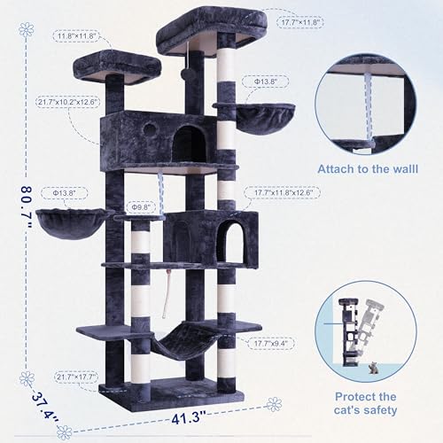 80.7'' Tall Cat Tree Tower for Indoor Cats 20 lbs+ (80.7'' / Smoky gray)