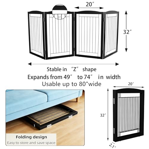 Freestanding Foldable Dog Gate for House Extra Wide Wooden Black Indoor Puppy Gate Stairs Dog Gates Doorways Tall Pet Gate 4 Panels Fence (Black / 【4 Panels】80''w x 32''h)