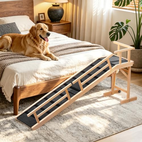 74" Wooden Dog Ramp with Platform & Wheels Gentle Slope Non (XL-74"L×17"W×25"H)