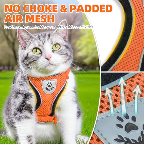 Cat Harness and Leash Set Escape Proof Reflective Cat Walking Harness Adjustable Soft Breathable Mesh Vest for Small Pets (S (NECK 9.5"-11", CHEST 13"-16") / Orange)
