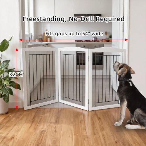 Freestanding Foldable Dog Gate for House Extra Wide Wooden White Puppy Gate Stairs Dog Gates Doorways Tall Pet Gate 3 Panels Pet Fence (White / 【3 Panels】60''w x 32''h)