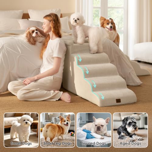 5 Step Curved Dog Stairs for High Beds 20.7" H (Beige / 35.4"l X 15.7"w X 22.7"h)