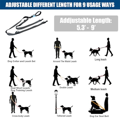 Two Point Control & Hands Free Dog Leash No Pull Black Large Dogs (Black / 5.3FT)