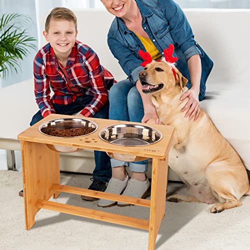 Elevated Dog Bowl Stand with 2 Stainless Steel Bowls (X large-14"tall,48 Oz bowl / Bamboo)