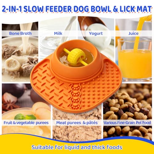 Slow Feeder Dog Bowls with Rolling Ball & Lick Mat (Orange)