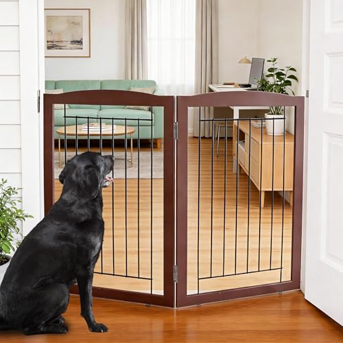 Freestanding Foldable Dog Gate for House Extra Wide Wooden Indoor Puppy Gate Stairs Doorways Pet Gate Tall Dog Fence 2 Panels Fence Brown (Brown / 【2 Panels】40''w x 32''h)