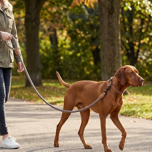 Dog Leash Braided Cotton Rope with Leather (Camel / 48 Inch-1/2")