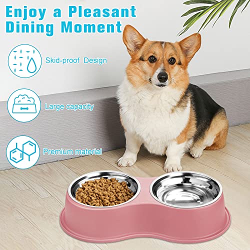 Stainless Steel Dog Bowls Double Non (Medium-18oz / 3.Pink)