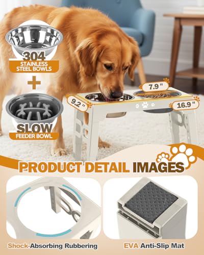 Elevated Dog Bowls for Medium Large Size Dogs (for Medium Large Dogs 1 Basic&1Slow Bowl / Beige)