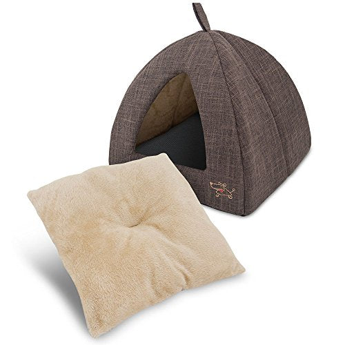 Cat Bed for Indoor Cat (Brown Linen / 19" x 19" x H:19")