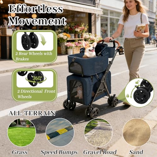 Dog Stroller with Detachable Carriers (Double-Blue)