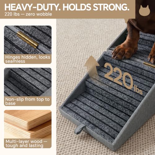 2-in-1 Wooden Pet Stairs & Ottoman 17" H Foldable Dog Ramp with Solid Wood Frame & Tech Cloth Surface Pet Footstool Steps with Non-Slip Surface for Puppy Senior Injured Dogs Couch Bed (Dark Gray / 16.1"L x 16.1"W x 17"H)