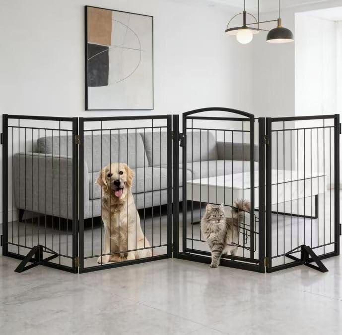 Full Metal Freestanding Dog Gate with Cat Door for Indoor & Outdoor (Black / 【4 Panels with Door】80"W×32"H)