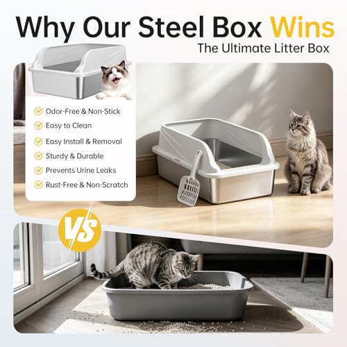 High Sided Stainless Steel XL Cat Litter Box for Cats (Grey L)