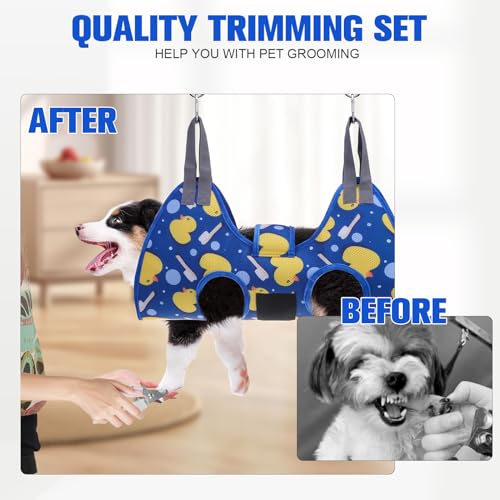 Dog Grooming Hammock Harness for Dogs & Cats with Pet Nail Clipper Trimmer (XS / Navy Blue)