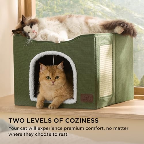 Cat House Bed for Indoor Cats with Fluffy Ball and Scratch Pad (Loden Green / Single)