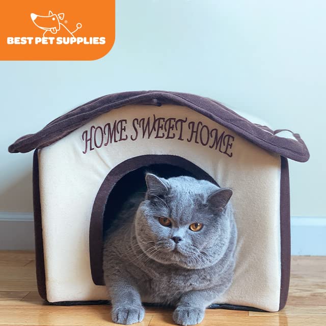 Cat Bed for Indoor Cat (Beige w/ Brown Stripes / 16" x 16" x H:14")