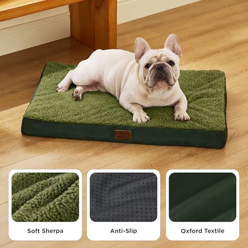 Washable Dog Bed Medium Size Dog with Comfy Sherpa (30"L x 20"W x 3"Th / Dark Green)