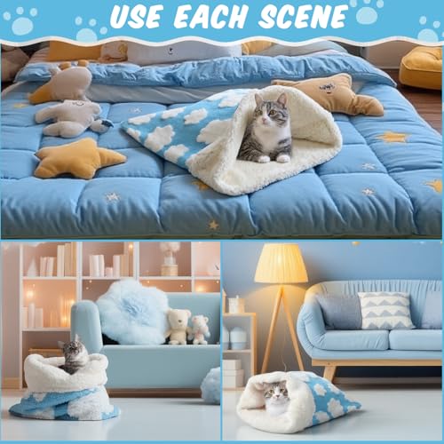 Self Heating Cat Sleeping Bag Indoor Self Warming Cat Bed Cave Heated Pad Cozy Soft Winter Washable Wrap Pet Snuggle Sack Pouch for Puppy Dog Kitten (Classic / White Clouds)