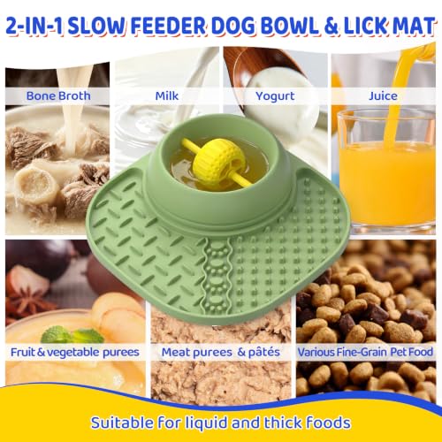 Slow Feeder Dog Bowls with Rolling Ball & Lick Mat (Green)