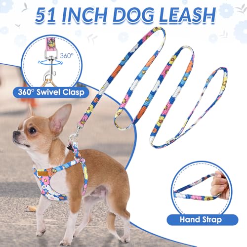 No Pull Dog Harness with Leash for Small Medium Dogs (XX-Small(2.2-6lb) / Blue Flower)