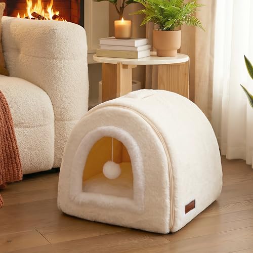 Cat Bed for Indoor Cats (Cream / L:(17.5"×16.8"×15.8"))