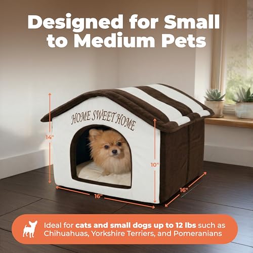 Cat Bed for Indoor Cat (Beige w/ Brown Stripes / 16" x 16" x H:14")