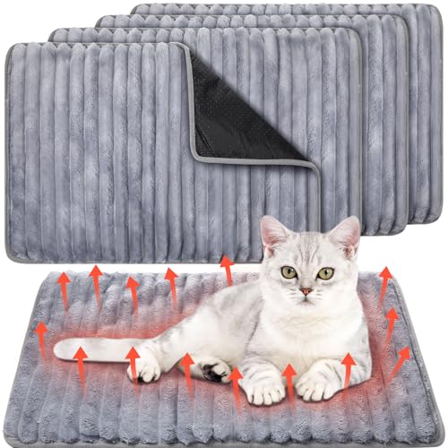 4 Pack Self Warming Cat Bed 24"x18" Self Heating Dog Cat Pad Bulk Crate Mat Extra Warm Thermal Big Pet Pad for Indoor Outdoor Pets Houses with Removable Washable Cover Non Slip (Grey)