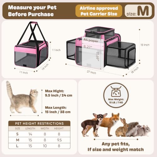 Top and 2 Sides Expandable Cat Carrier 18x11x11 TSA Airline Approved (Pink / 18.0"L x 11.0"W x 11.0"H)