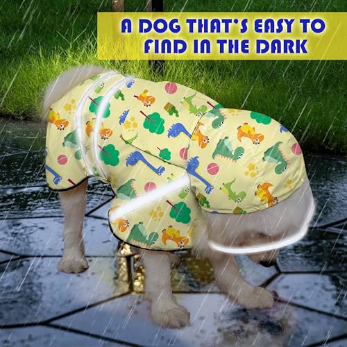Dog Raincoat Adjustable Rain Jacket with Hooded Double Layer for Large Medium Small Dogs Puppies (Dino Yellow / X-Large)