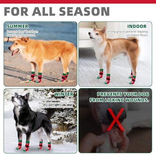 Anti Slip Dog Socks for Hot (Red&green With Woof / Medium (4 Pack))