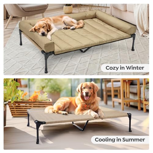 Outdoor Elevated Dog Bed with Waterproof Bolster Cushion (Beige Coffee / 49.0"L x 33.0"W x 9.0"Th)