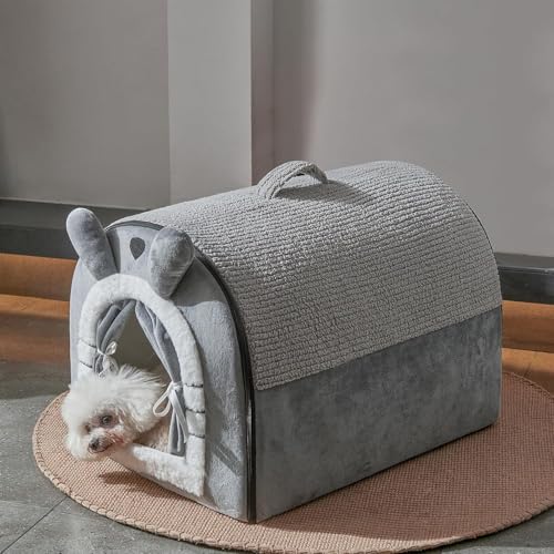 Cute Small Dog Cave Bed with Door Curtain Design (Large(24"*17.8"*17.8"))
