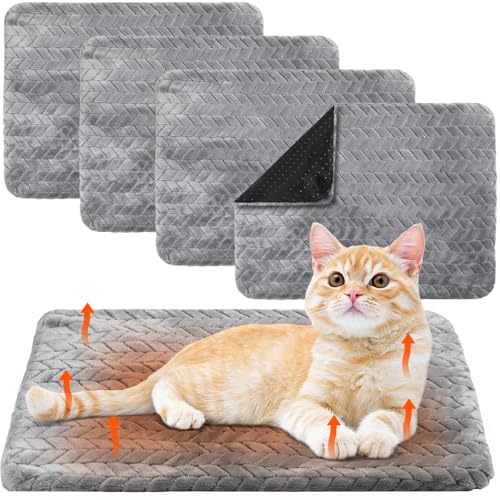 4 Pack Self Warming Cat Bed Mat Self Heating Pad for Dog Extra Warm Winter Pet Pad Washable Thermal Pads Mats for Pets Indoor Outdoor (Gray / 16 x 20 Inch)