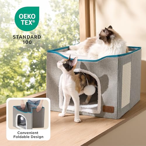 Cat House Bed for Indoor Cats with Fluffy Ball and Scratch Pad (Grey / Single)