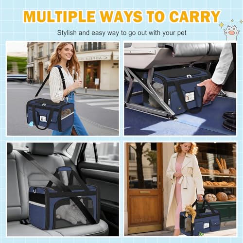 Large Cat Carrier Soft Sided Travel Pet Carrier Airline Approved (Navy Blue)