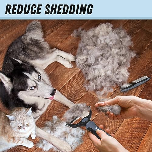 Pet Grooming Brush and Metal Comb Combo for Dogs & Cats (Gray)